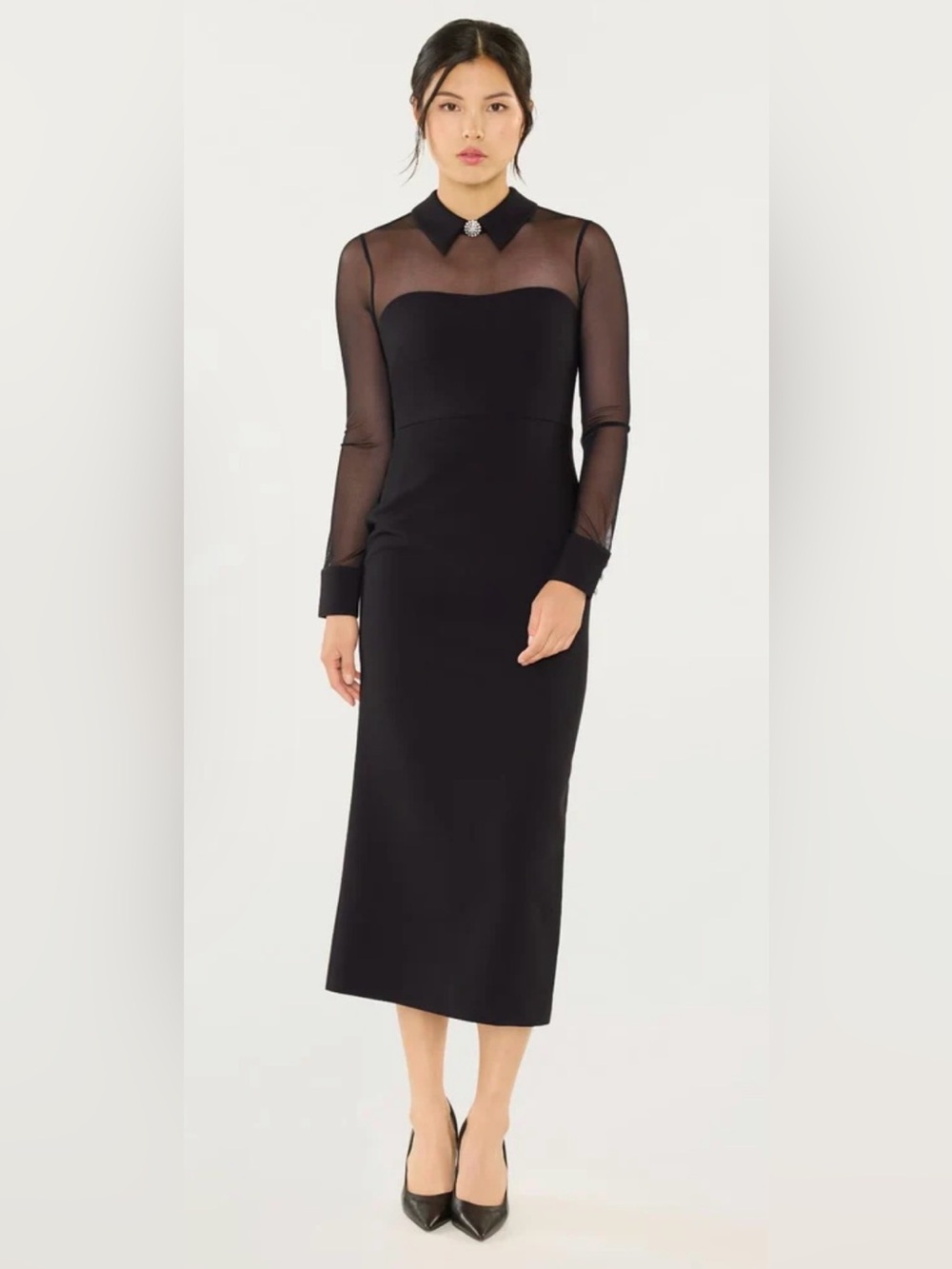 Likely Olea Black Sheer-Sleeve Midi Dress